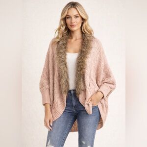 Women's Pink Open Front Cardigan Sweater with Faux Fur Trim
